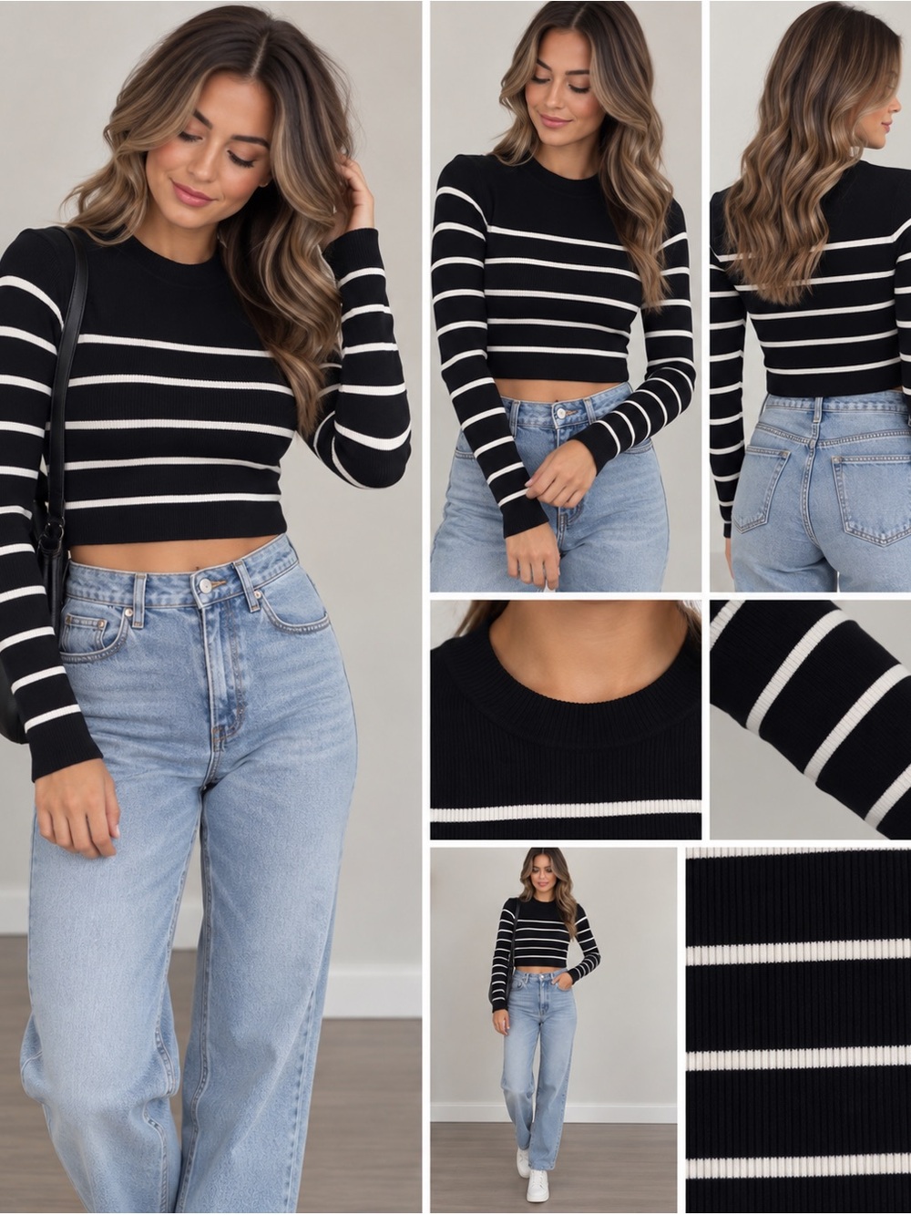 Dynamite Black and White Fitted Crop Sweater